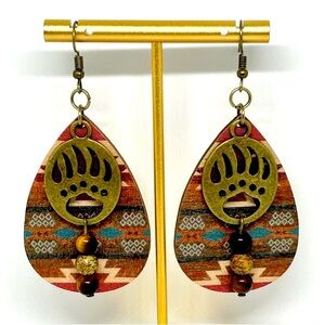 Handmade Wood Bear Claw Earrings with Natural Tiger Eye Gemstones! NIB
